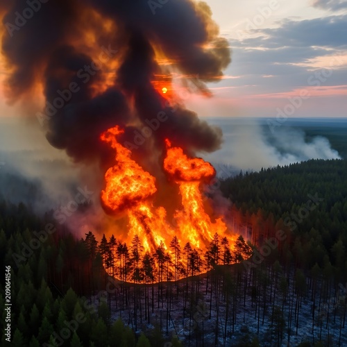 Intense Forest Wildfire Burning Through Pine Trees at Sunset