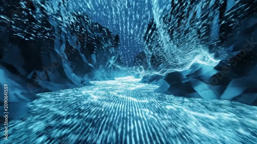 Abstract river of glowing cyan data particles flowing through a dark canyon