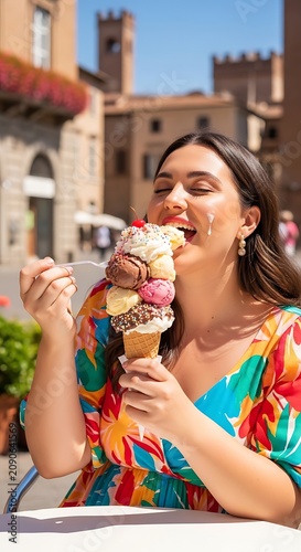 Happy Young Woman Eating Colorful Gelato Cone at Sunny European Cafe