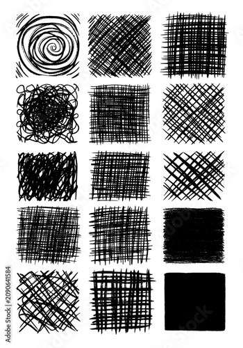 Twelve ink hand-drawn texture patterns featuring scribbles, cross-hatching, a swirl, and solid block on a white background