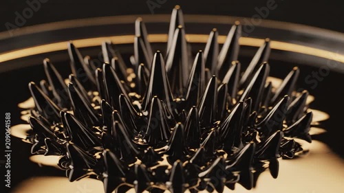 Black ferrofluid rising into shifting spikes with golden rim light