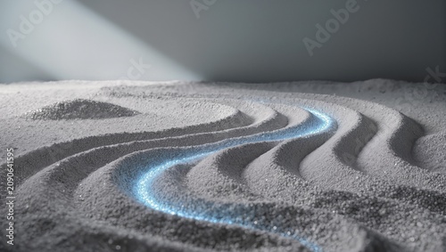 Minimalist Zen garden sand ripples with a soft blue light streak