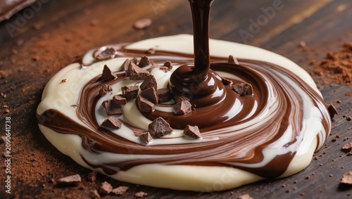 Delicious dark chocolate sauce pouring over a creamy dessert