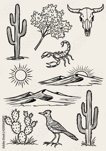 Collection of desert elements including cacti, a bull skull, a scorpion, sun, dunes, and a roadrunner in ink hand draw style
