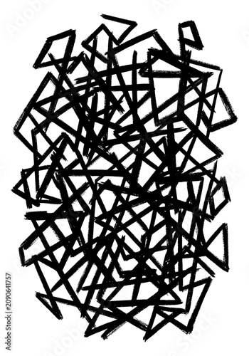 Black intersecting ink hand drawn lines forming an abstract pattern on a white background