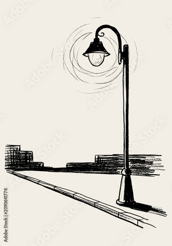 Street light with glowing lamp in an ink hand draw urban scene with sidewalk and buildings