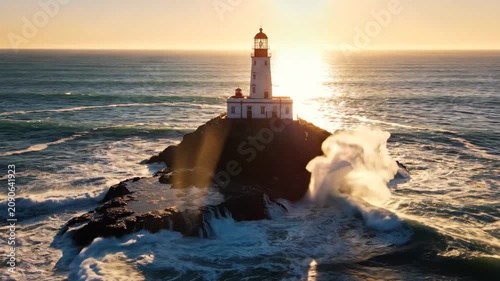Aerial orbit around a lighthouse on a rock in a stormy sea at sunset
