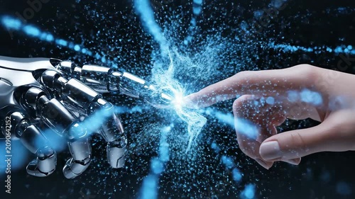 Robotic hand and human hand reaching toward each other with data particles