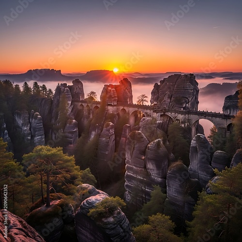 Dramatic Stone Bridge Spanning Sandstone Rock Formations at Misty Sunrise