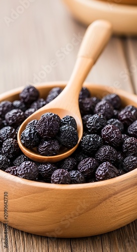 Dark Dried Berries Arranged in Wooden Bowl with Spoon on Rustic Table
