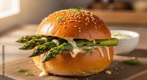 Glossy Asparagus Burger with Cream Sauce on Wooden Kitchen Board