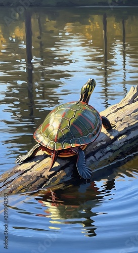 Colorful Painted Turtle Basking on Fallen Log in Reflective Pond
