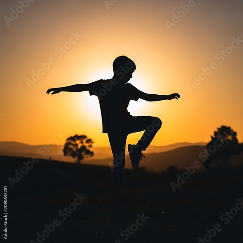 Silhouetted Child Balancing on One Leg in Golden Sunset Landscape