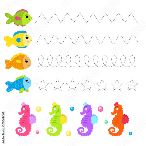 Trace hand drawn. Educational material for children, Worksheet for kids. Cute fishes and seahorses. Multi-colored vector elements.