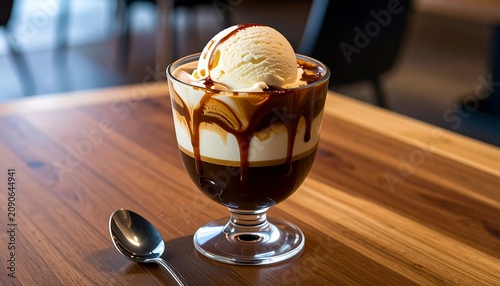 Premium Affogato Coffee Dessert with Vanilla Ice Cream and Chocolate Drizzle in Glass Cup