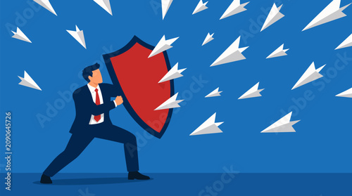 Determined executive defending with red shield as paper airplanes swarm across blue background, bold vector concept for risk management, cyber protection, leadership, resilience and corporate defense