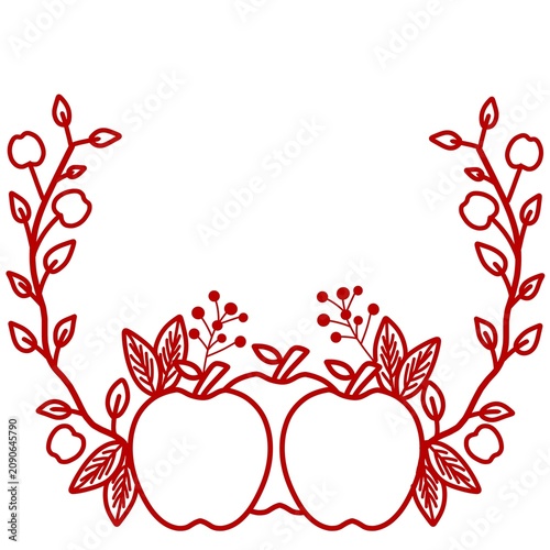 Decorative wreath frame composed of red line art apples, berries, and foliage branches, isolated on white