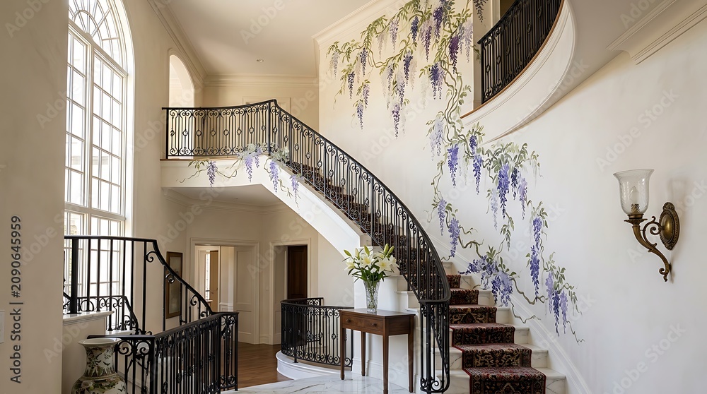 Obraz premium Elegant curved staircase in a grand hall with a hand painted wisteria mural in a classic interior