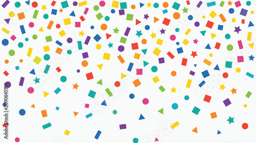 Colorful confetti pieces falling across a bright white background, festive vector party shower with stars, circles, squares and ribbons for celebrations, birthdays, carnivals, events, and promotions