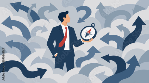Confident businessman holding compass amid swirling fog of arrows, strategic decision making, leadership direction, uncertainty navigation and corporate guidance vector illustration