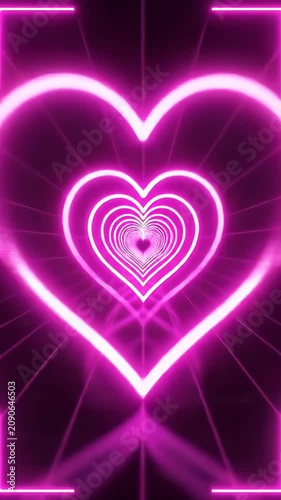 Neon pink glowing heart tunnel depth effect.