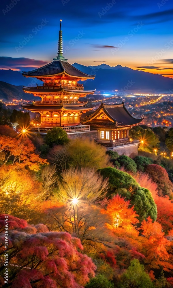 Fototapeta premium Japanese Pagoda Temple at Dusk with Glowing Autumn Leaves and Distant Mountain Horizon