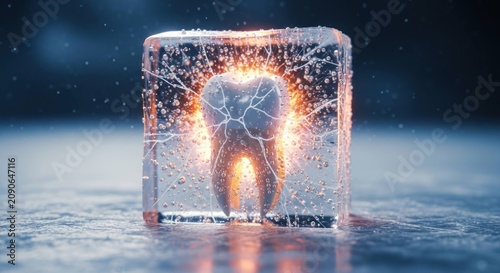 Fractured tooth frozen in ice, glowing with orange light inside