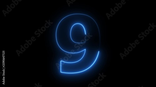 Number 9 nine - animated light outline on black background 4k video.