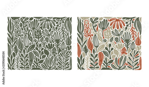 Botanical pattern set two color variations of hand drawn foliage designs