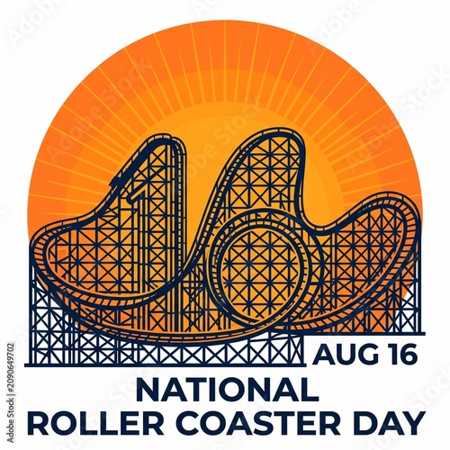 Minimalist Vector Line-Art Illustration of Classic Wooden Roller Coaster with Radiant Sunburst for National Roller Coaster Day

