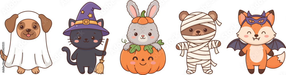 Fototapeta premium Halloween Animal Costume Collection Vector Illustration