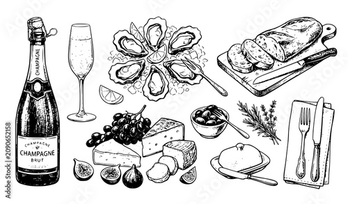 Vintage Hand Drawn French Lunch Vector Illustration with Champagne Wine Oysters Bread Cheese and Charcoal Menu Sketch