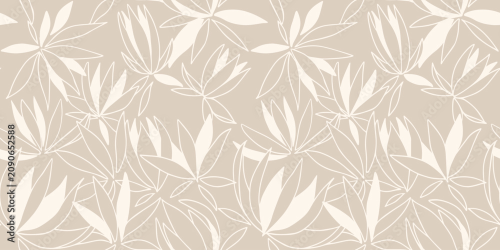 Fototapeta premium Seamless botanical leaf pattern with elegant abstract shapes in neutral tones. Minimal nature inspired design for textiles, wallpaper, packaging, stationery, and modern surface design projects