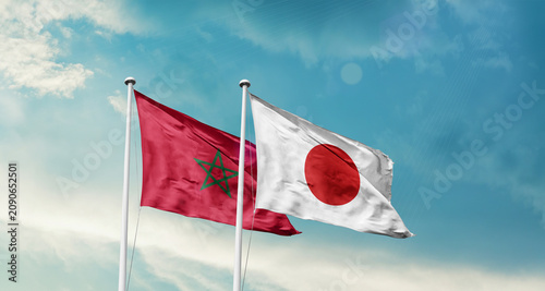 Obraz na płótnie Morocco and Japan friendship flags are waving in the sky