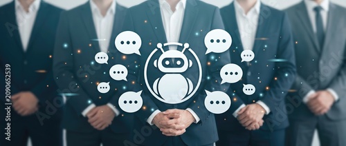 A diverse team of business professionals collaborating on a chatbot concept showcasing advancements in technology innovation and effective communication for customer support solutions