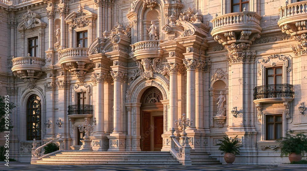 Obraz premium Elaborate Ornate Facade of a Grand Classical Mansion with Detailed Sculptures and Balconies bathed in Golden Sunlight