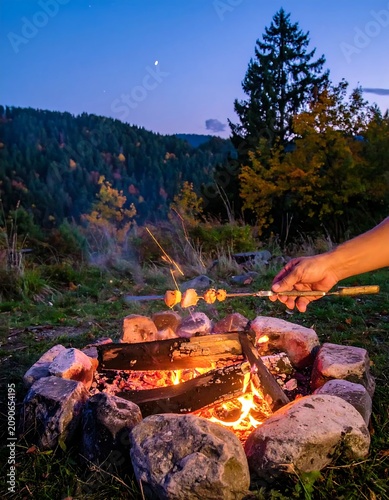 Warm Campfire Roasting Marshmallow at Twilight in Mountain Forest Clearing