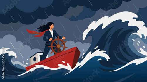 Determined businesswoman captain steering a small red ship through towering storm waves, symbolizing leadership, courage, crisis management, resilience, and bold strategy in turbulent markets