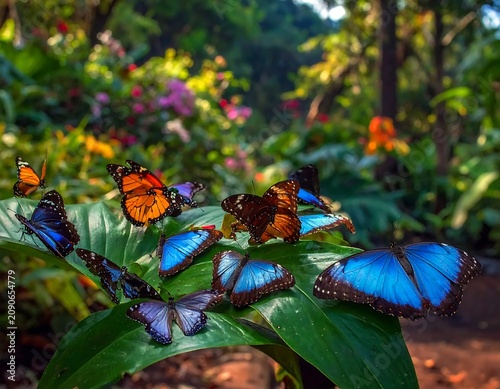Vibrant Blue and Orange Butterflies Resting on Green Leaves in Lush Tropical Garden