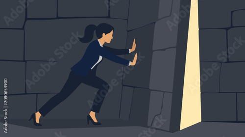 Determined businesswoman pushing open a massive cracked stone doorway, narrow beam of golden light revealing opportunity beyond obstacles, breakthrough challenge vector illustration