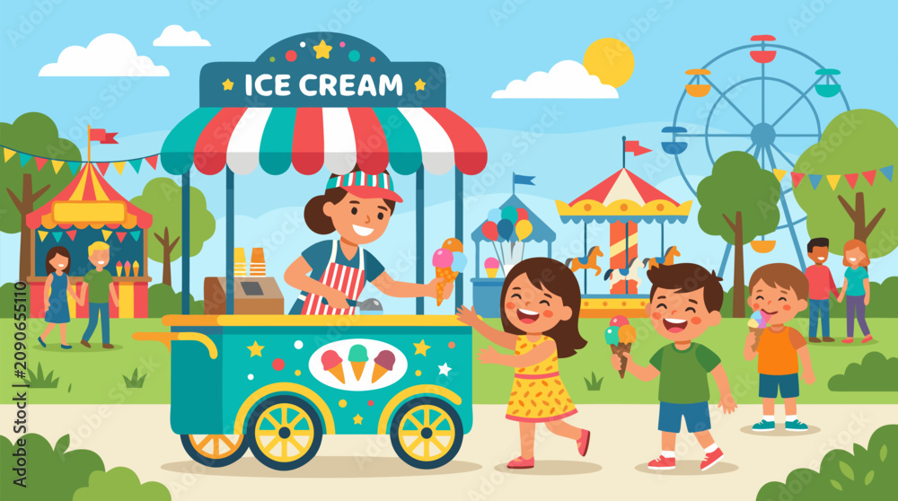 Naklejka premium Cheerful ice cream cart vendor serving colorful cones to laughing children at sunny summer fair, carnival rides and bunting behind, flat vector illustration of sweet festival fun and treats