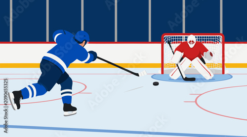 Dynamic ice hockey forward taking a powerful slap shot at the goal as goalie defends the net, fast rink action, competition, speed, teamwork and winter sport energy vector illustration
