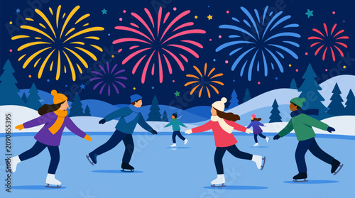 Ice skaters gliding across a frozen outdoor rink beneath colorful New Year fireworks, snowy pine mountains, winter festival joy and cheerful family holiday recreation vector illustration