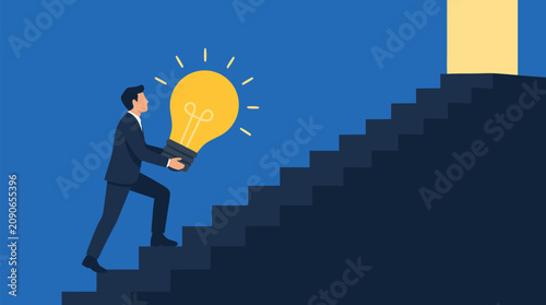 Determined businessman carrying a glowing lightbulb up a long dark staircase toward a bright doorway, concept of innovation, ambition, leadership, opportunity, and strategic career success