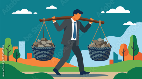 Overburdened businessman carrying a wooden yoke with two heavy baskets of stones, walking through stylized landscape, flat vector metaphor for workload, stress, debt, burnout and corporate pressure