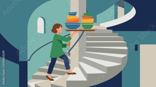 Flat vector illustration of a person carefully balancing a tray stacked with colorful nested bowls while climbing a sweeping spiral staircase, modern home interior and daily multitasking moment