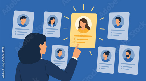 Recruiter taps a glowing highlighted candidate profile among floating resume cards, illustrating hiring, talent acquisition, applicant screening, selection, and modern HR decision making