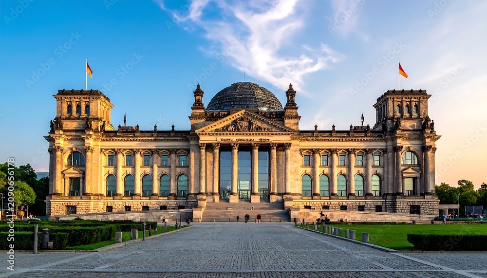 Obraz premium Historic Reichstag Building Standing at Sunset in Berlin City Center
