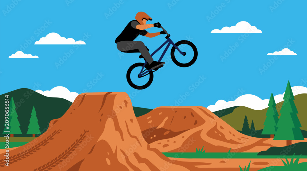 Obraz premium BMX rider soaring high above rugged dirt jumps beneath a bright blue sky, energetic vector scene of freestyle cycling, extreme sport adventure, balance, speed and outdoor stunt action