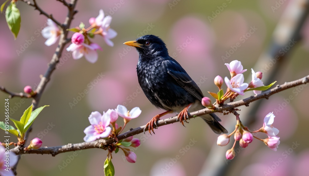 Fototapeta premium A small black bird with a bright orange beak and legs is perched on a thin branch adorned with pink and white blossoms